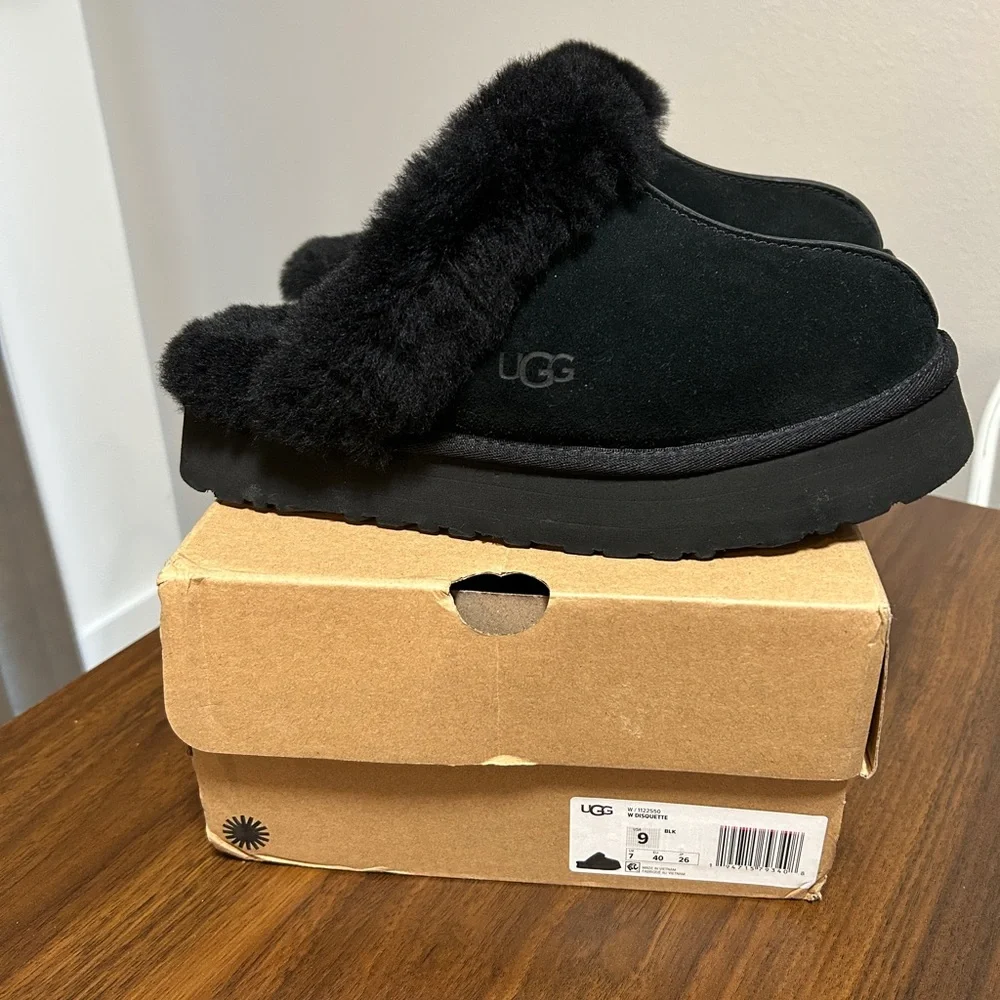 UGG Disquette Black Suede Fur Slippers - Picture 1 of 6